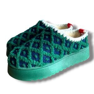 Midnight Lunch Alpine Platform Sole Slippers Fleece Sherpa Navy Green Sz 38 US 7